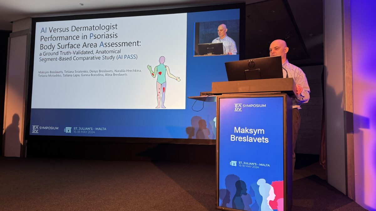 Dr Breslavets presenting "AI Versus Dermatologist Performance in Psoriasis Body Surface Area Assessment: a Ground Truth-Validated, Anatomical Segment-Based Comparative Study (AI PASS)" at the international symposium of the European Academy of Dermatology and Venereology (EADV) Spring Symposium, taking place in Malta 16-18 May 2024.